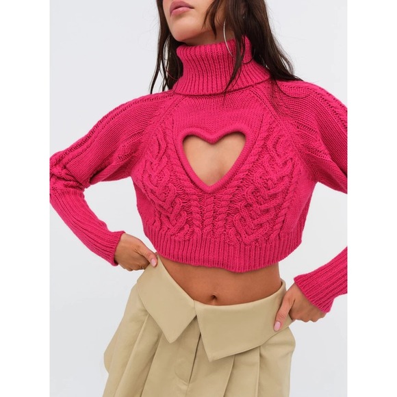 For Love & Lemons Sweaters - For Love & Lemons Vera Cropped Turtleneck Sweater Pink Heart Cutout XS NEW